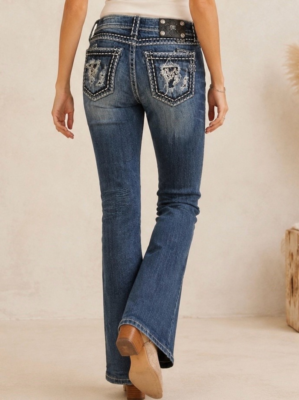 Miss Me Blue Bootcut Jeans 28 Distressed Rhinestone Thick Stitch Y2K JE5152B14R